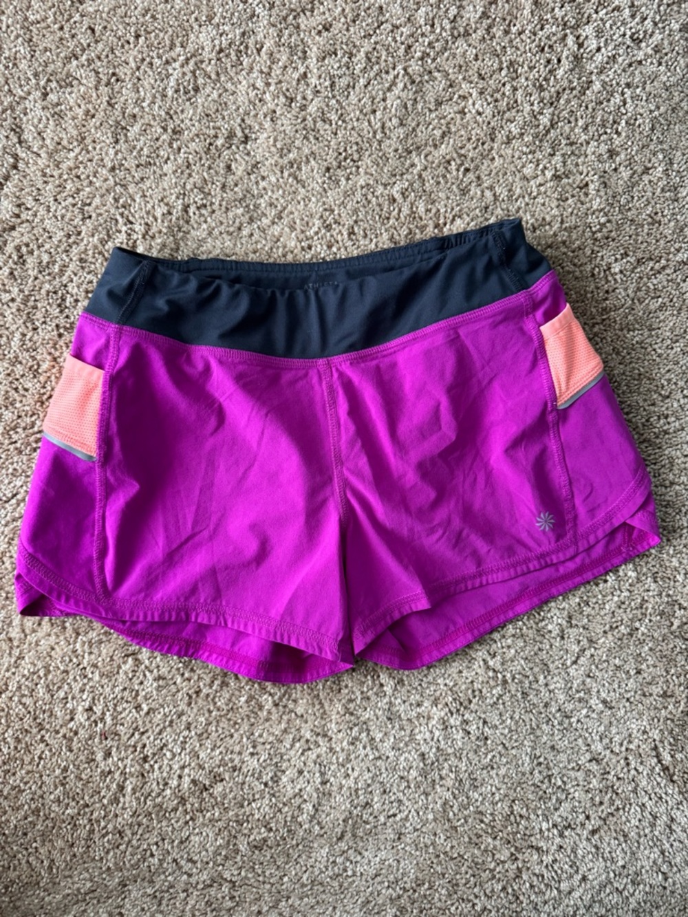 Athleta Girl Magenta Shorts with Black Waistband and Peach Pocket Accents | L/12